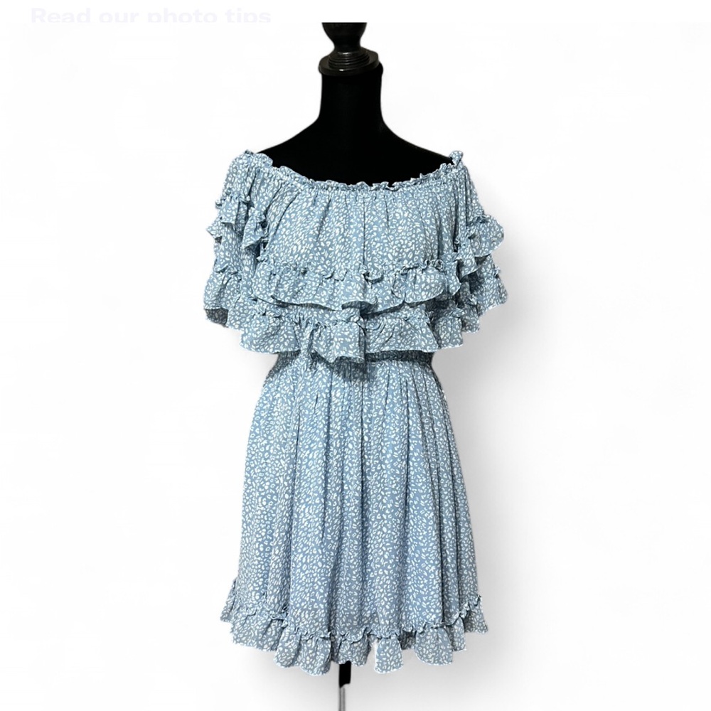 SAINTS SECRETS Blue Ruffled Off-Shoulder Mini Sundress 12, NWOT